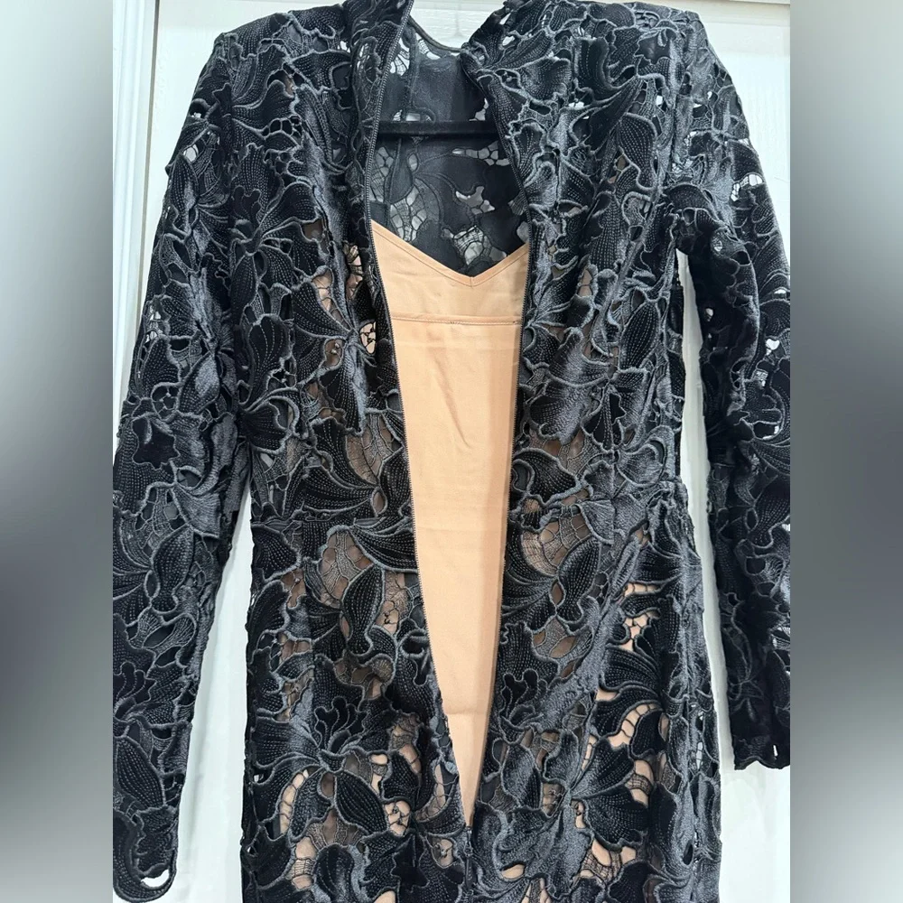 NADINE MERABI Black Floral Lace Long-Sleeve Midi Dress